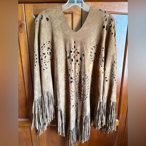 Fringed Tan Poncho Faux Suede